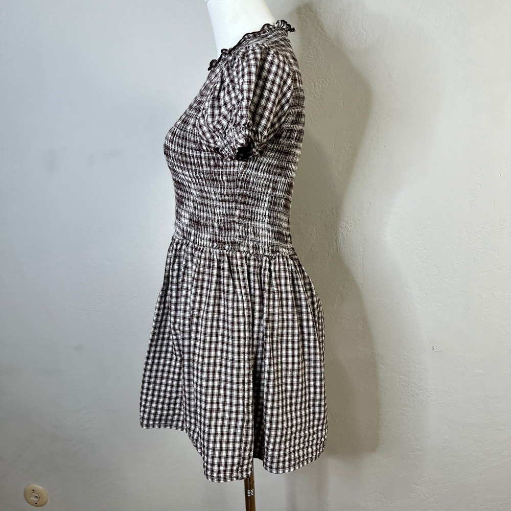 RIHOAS Brown Gingham Smocked Mini Dress Cotton Puff Sleeve Cottagecore Medium - Picture 3 of 9